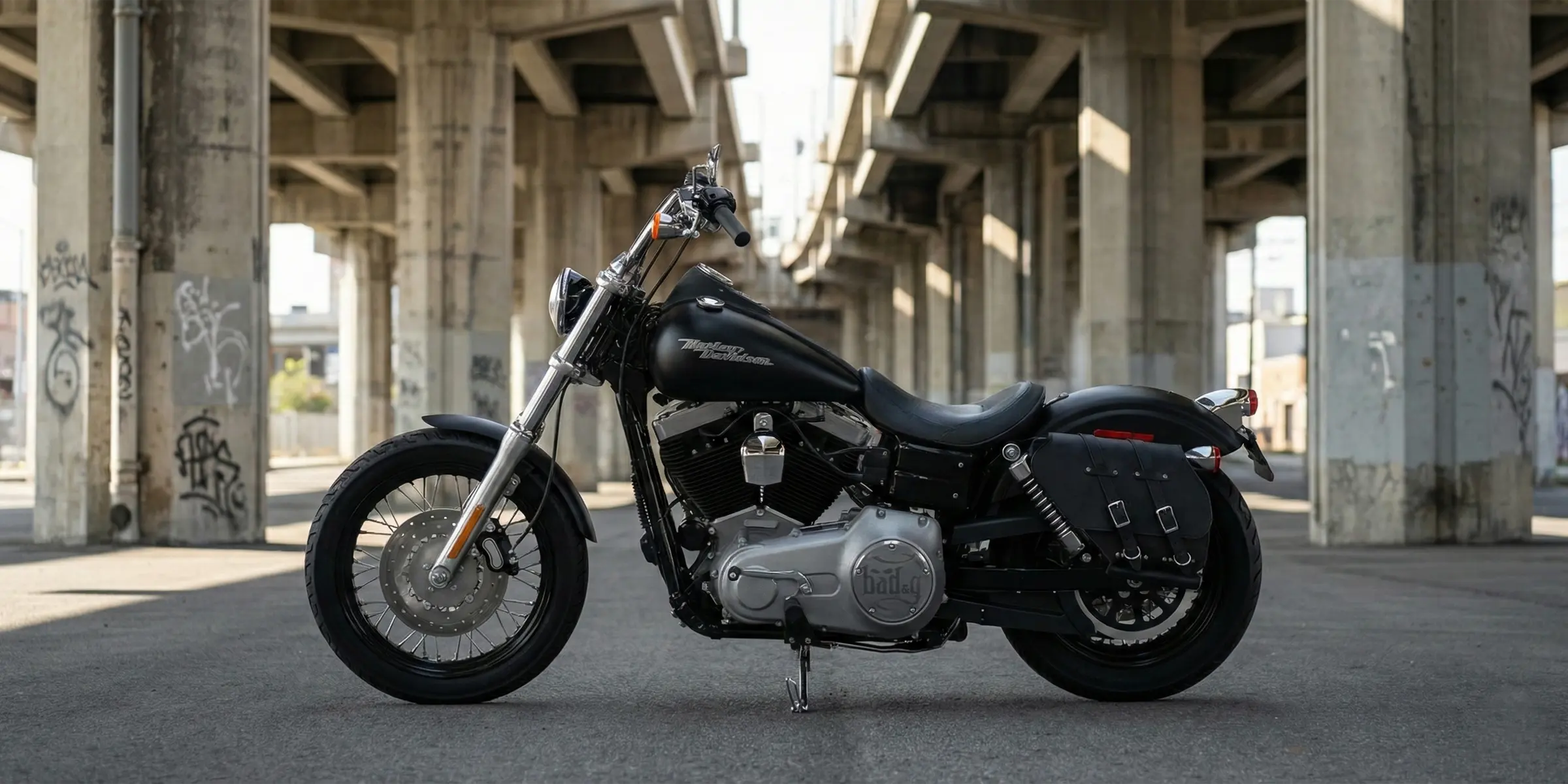 Harley Dyna motorcycle parked under a bridge overpass with a BAD&G Customs saddlebag.