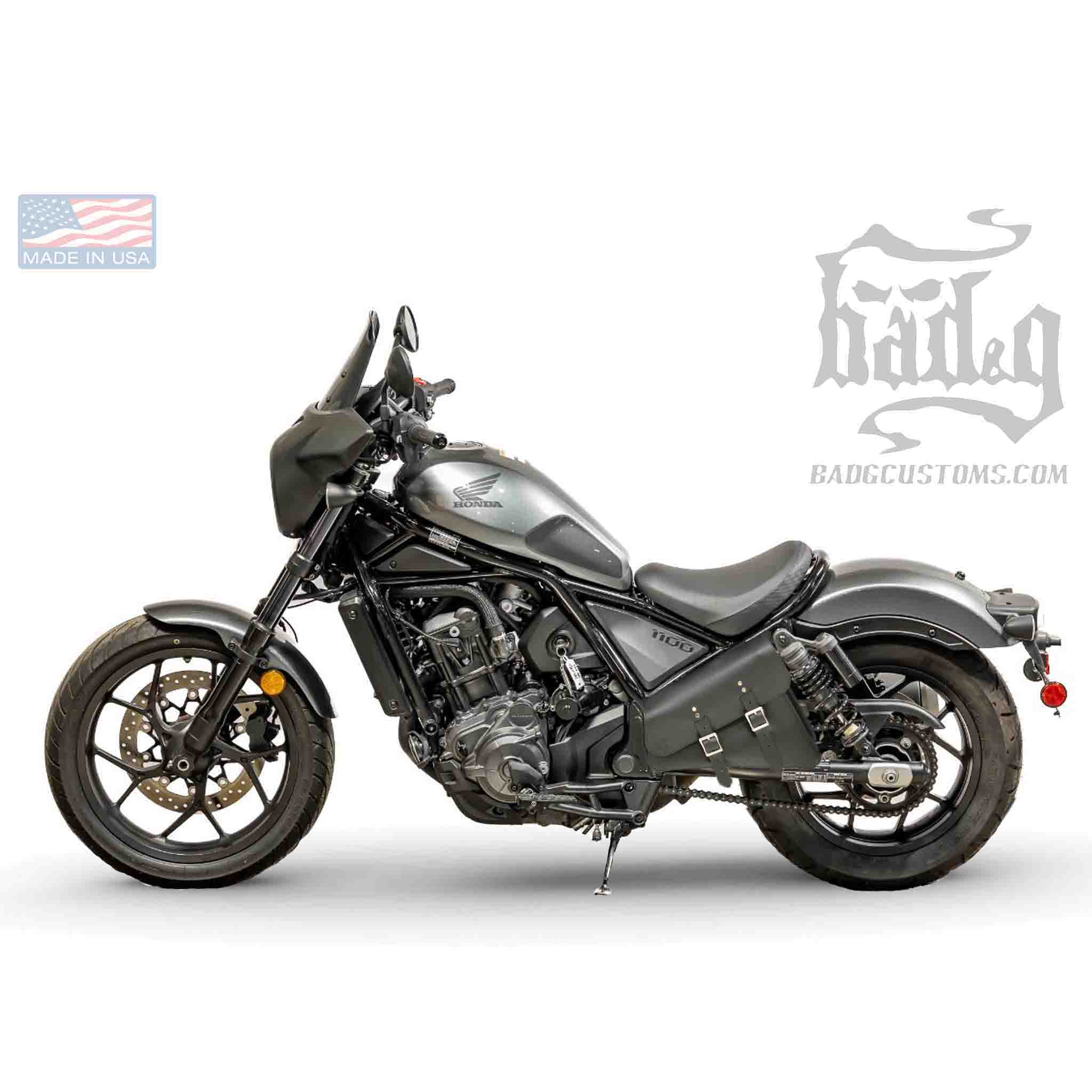 Upgrade your Honda Rebel with the HRL01 Left Side Solo Bag. Hand crafted in USA with premium leather and top quality hardware. Durable and stylish, it's the perfect fit for your motorcycle.